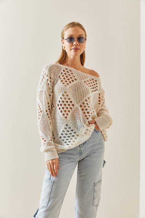 Krem Oversize Delikli Salaş Kazak 4KXK3-47736-22 - 5