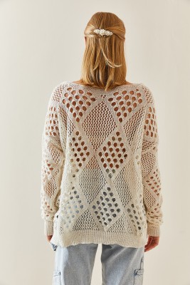 Krem Oversize Delikli Salaş Kazak 4KXK3-47736-22 - 8