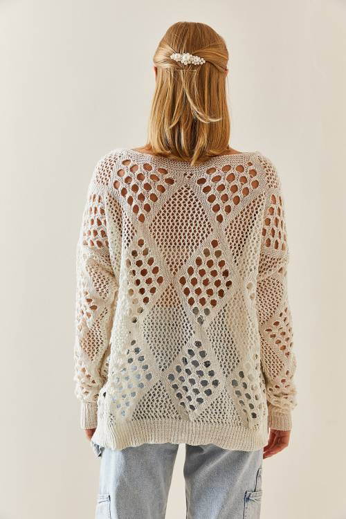 Krem Oversize Delikli Salaş Kazak 4KXK3-47736-22 - 8