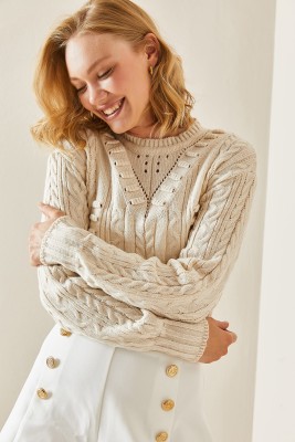 Krem Rengi Delikli Crop Kazak 3YXK3-47506-22 - 2