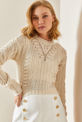 Krem Rengi Delikli Crop Kazak 3YXK3-47506-22 - 3