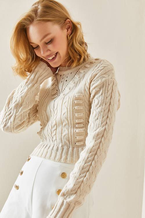Krem Rengi Delikli Crop Kazak 3YXK3-47506-22 - 4