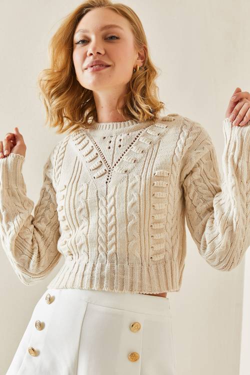 Krem Rengi Delikli Crop Kazak 3YXK3-47506-22 - 5