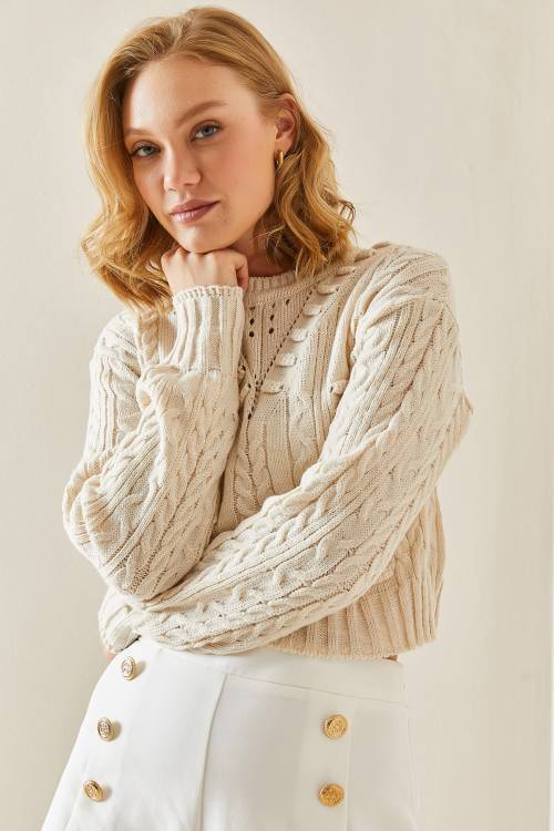 Krem Rengi Delikli Crop Kazak 3YXK3-47506-22 - 6
