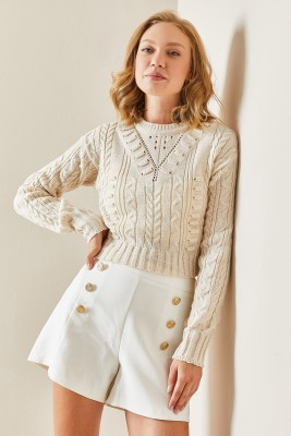 Krem Rengi Delikli Crop Kazak 3YXK3-47506-22 - 7