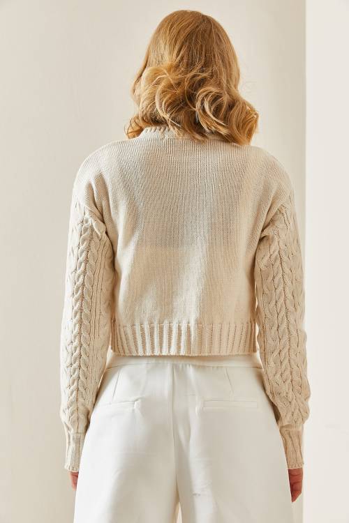 Krem Rengi Delikli Crop Kazak 3YXK3-47506-22 - 8