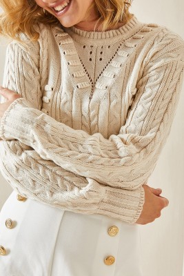 Krem Rengi Delikli Crop Kazak 3YXK3-47506-22 - XHAN