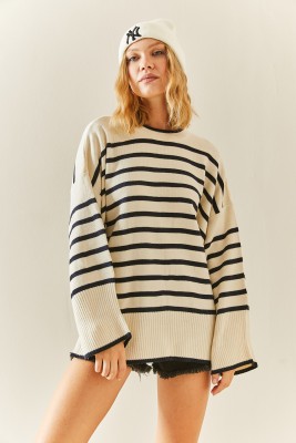 Lacivert Bisiklet Yaka Çizgili Oversize Kazak 3YXK3-47534-14 - 5