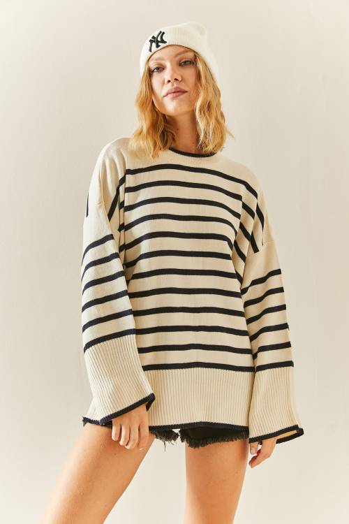 Lacivert Bisiklet Yaka Çizgili Oversize Kazak 3YXK3-47534-14 - 5