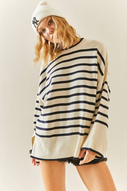 Lacivert Bisiklet Yaka Çizgili Oversize Kazak 3YXK3-47534-14 - 6