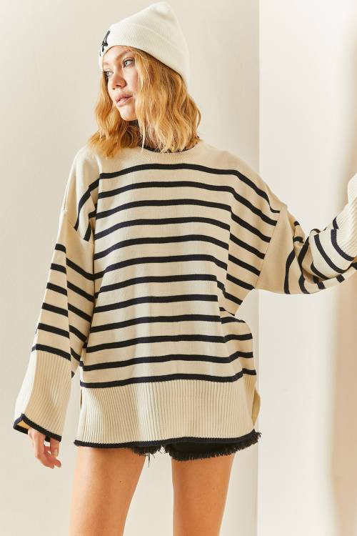 Lacivert Bisiklet Yaka Çizgili Oversize Kazak 3YXK3-47534-14 - 7