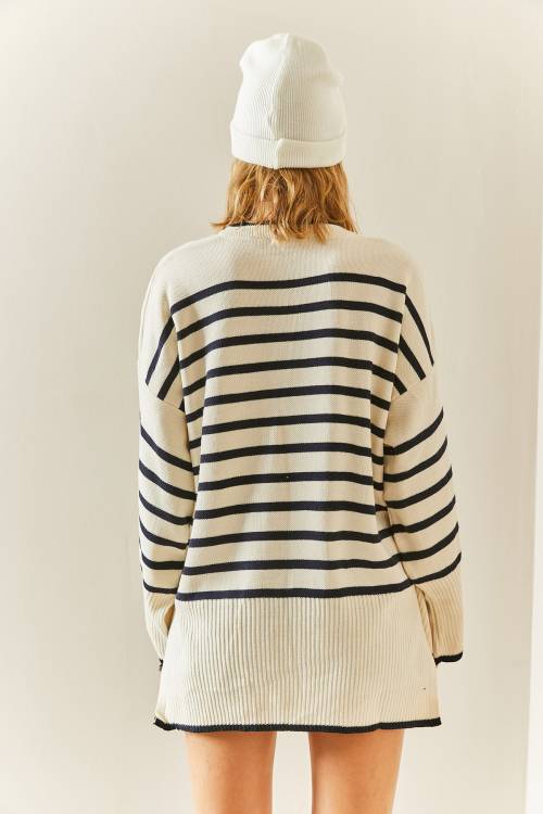 Lacivert Bisiklet Yaka Çizgili Oversize Kazak 3YXK3-47534-14 - 8