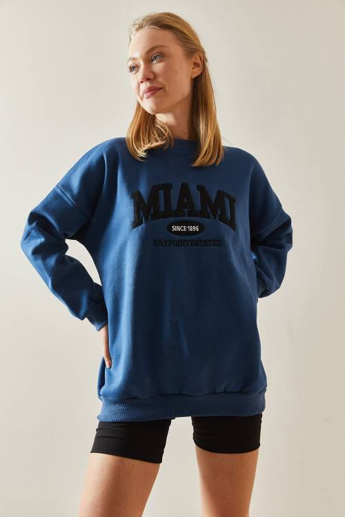 Lacivert Bisiklet Yaka & Şardonlu Oversize Sweatshirt 4KXK8-47718-14 - 2