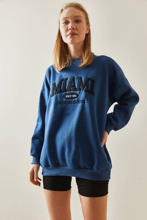 Lacivert Bisiklet Yaka & Şardonlu Oversize Sweatshirt 4KXK8-47718-14 - 3