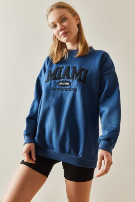 Lacivert Bisiklet Yaka & Şardonlu Oversize Sweatshirt 4KXK8-47718-14 - 4