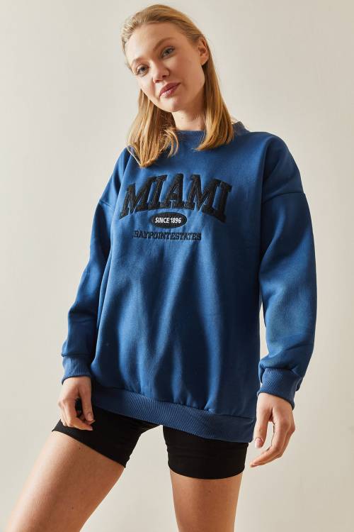 Lacivert Bisiklet Yaka & Şardonlu Oversize Sweatshirt 4KXK8-47718-14 - 4