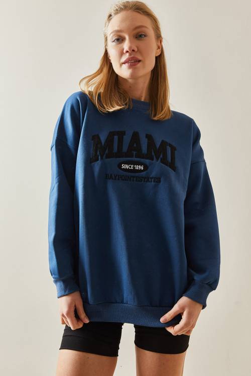 Lacivert Bisiklet Yaka & Şardonlu Oversize Sweatshirt 4KXK8-47718-14 - 5