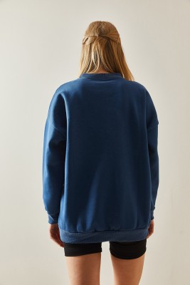 Lacivert Bisiklet Yaka & Şardonlu Oversize Sweatshirt 4KXK8-47718-14 - 6