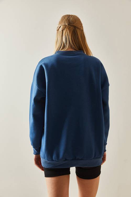 Lacivert Bisiklet Yaka & Şardonlu Oversize Sweatshirt 4KXK8-47718-14 - 6