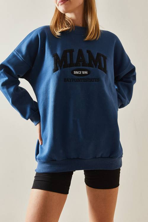 Lacivert Bisiklet Yaka & Şardonlu Oversize Sweatshirt 4KXK8-47718-14 - 1