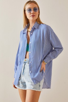 Lacivert Çizgili Polo Yaka Oversize Gömlek 4KXK2-47765-14 - 2