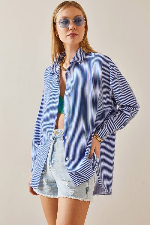 Lacivert Çizgili Polo Yaka Oversize Gömlek 4KXK2-47765-14 - 2