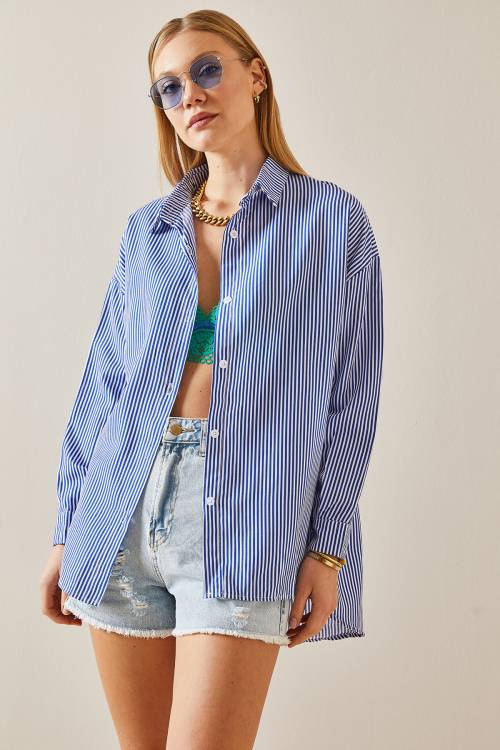 Lacivert Çizgili Polo Yaka Oversize Gömlek 4KXK2-47765-14 - 3