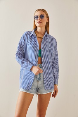 Lacivert Çizgili Polo Yaka Oversize Gömlek 4KXK2-47765-14 - 4