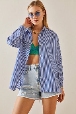 Lacivert Çizgili Polo Yaka Oversize Gömlek 4KXK2-47765-14 - 5