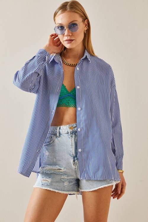 Lacivert Çizgili Polo Yaka Oversize Gömlek 4KXK2-47765-14 - 5