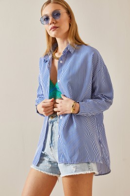 Lacivert Çizgili Polo Yaka Oversize Gömlek 4KXK2-47765-14 - 6