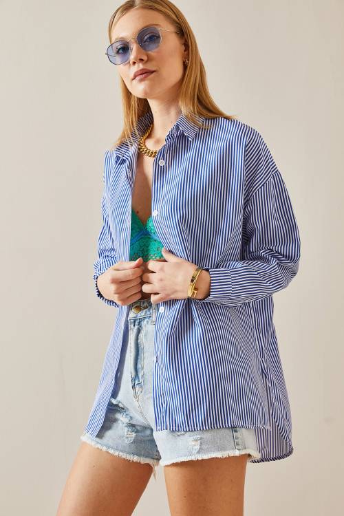 Lacivert Çizgili Polo Yaka Oversize Gömlek 4KXK2-47765-14 - 6
