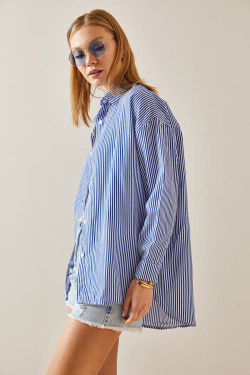 Lacivert Çizgili Polo Yaka Oversize Gömlek 4KXK2-47765-14 - 7