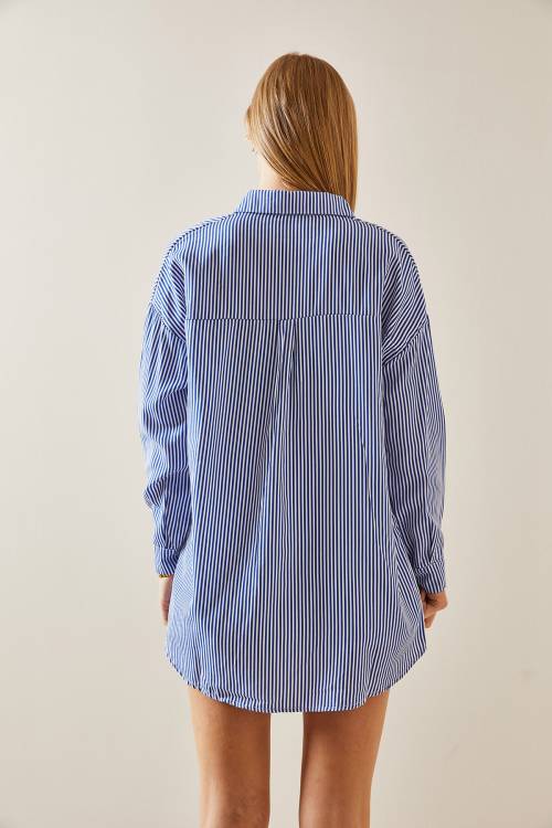 Lacivert Çizgili Polo Yaka Oversize Gömlek 4KXK2-47765-14 - 8