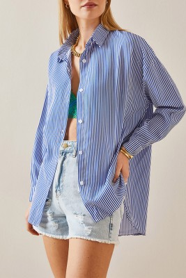 XHAN - Lacivert Çizgili Polo Yaka Oversize Gömlek 4KXK2-47765-14
