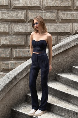 Lacivert Çizgili Yüksek Bel ispanyol Paça Pantolon 3YXK5-46959-14 - 4