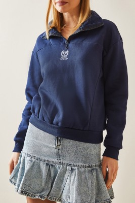 Lacivert Dik Yaka Fermuarlı & Şardonlu Sweatshirt 4KXK8-47859-14 