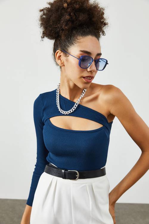 Lacivert Göğüs Dekolteli Kaşkorse Bluz 2KXK2-45626-14 - 5