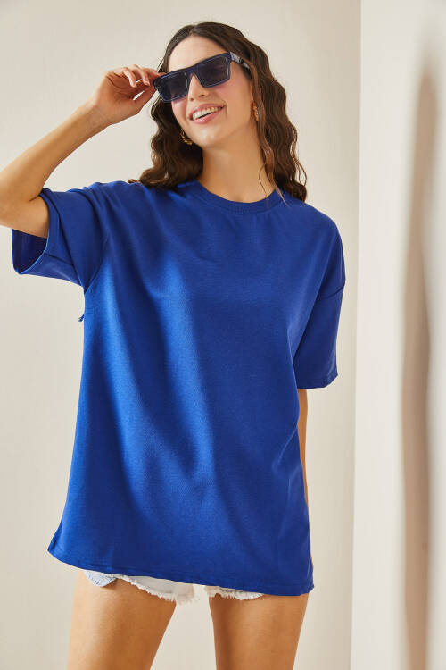 Lacivert Oversize Basic Tişört 3YXK1-47087-14 - 4