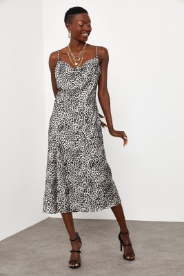 Leopar Leopar Desenli Saten Midi Elbise 1KXK6-44829-60 - 2