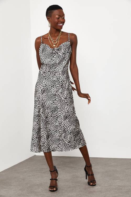 Leopar Leopar Desenli Saten Midi Elbise 1KXK6-44829-60 - 2