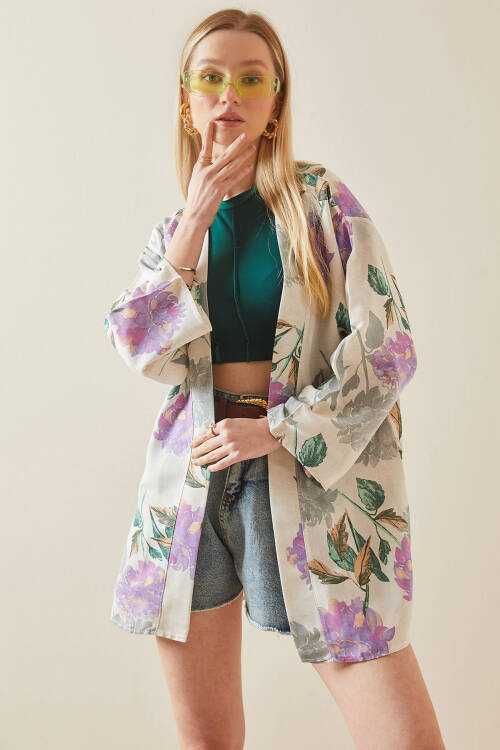 Lila Çiçek Desenli Oversize Kimono 5YXK4-48061-26 - 2