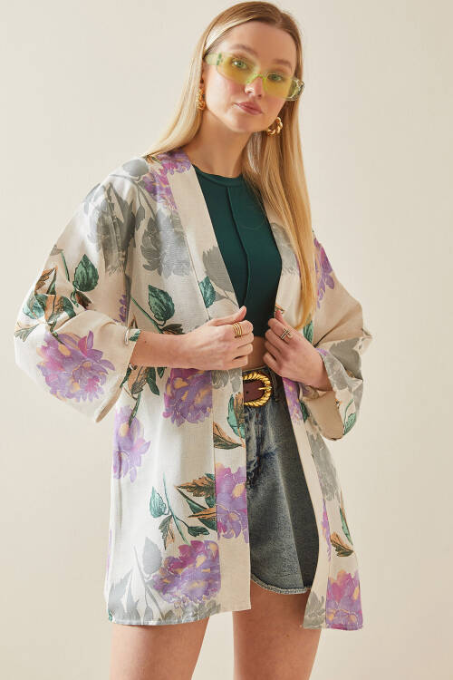 Lila Çiçek Desenli Oversize Kimono 5YXK4-48061-26 - 4