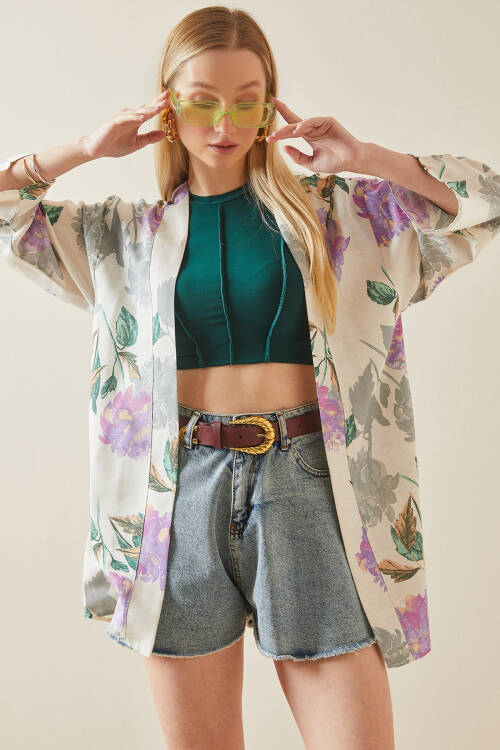 Lila Çiçek Desenli Oversize Kimono 5YXK4-48061-26 - 5