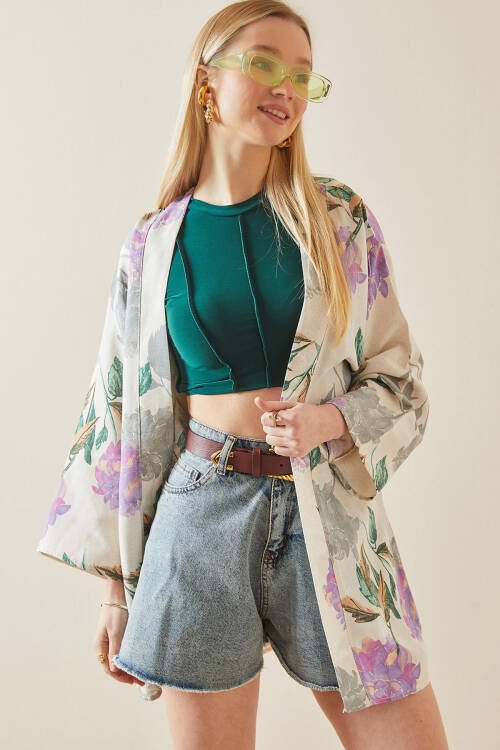 Lila Çiçek Desenli Oversize Kimono 5YXK4-48061-26 - 6