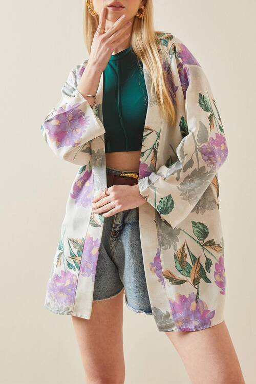 Lila Çiçek Desenli Oversize Kimono 5YXK4-48061-26 - 1