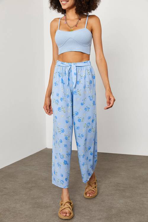 Mavi Beli Lastikli Çiçekli Pantolon 2KXK5-45691-12 - 2