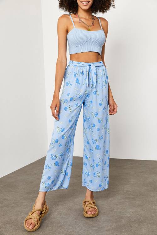 Mavi Beli Lastikli Çiçekli Pantolon 2KXK5-45691-12 - 3
