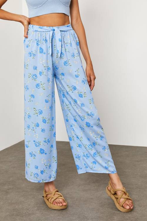 Mavi Beli Lastikli Çiçekli Pantolon 2KXK5-45691-12 - 4