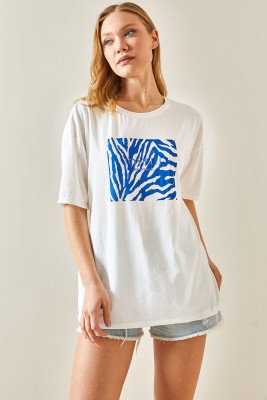 Mavi Bisiklet Yaka Baskılı Oversize Tişört 4KXK1-47924-12 - 3